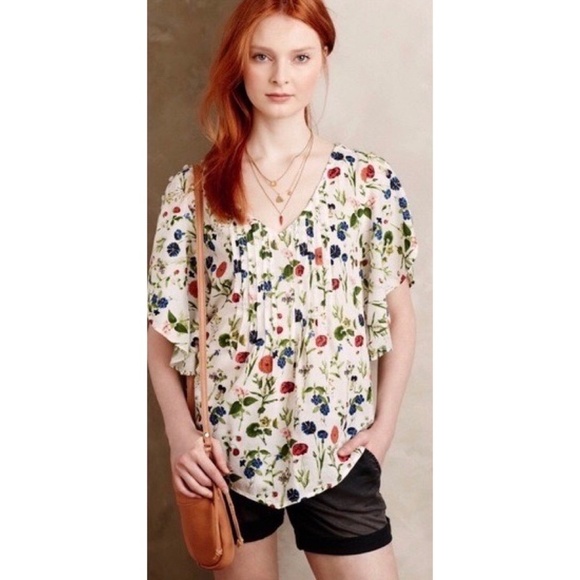 Anthropologie MAEVE Maya Floral Fluttered Top Blouse Strawberry Fruit Berries 2 - Picture 1 of 16